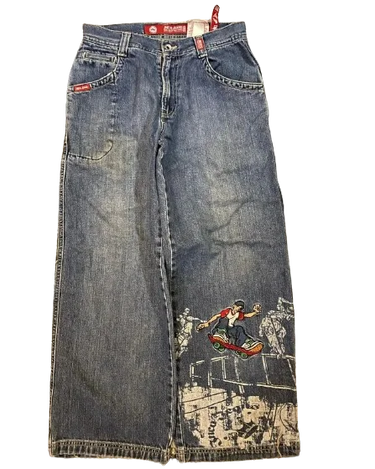 Streetwear Jeans Hip Hop Skateboard Graphic Embroidered Retro Blue